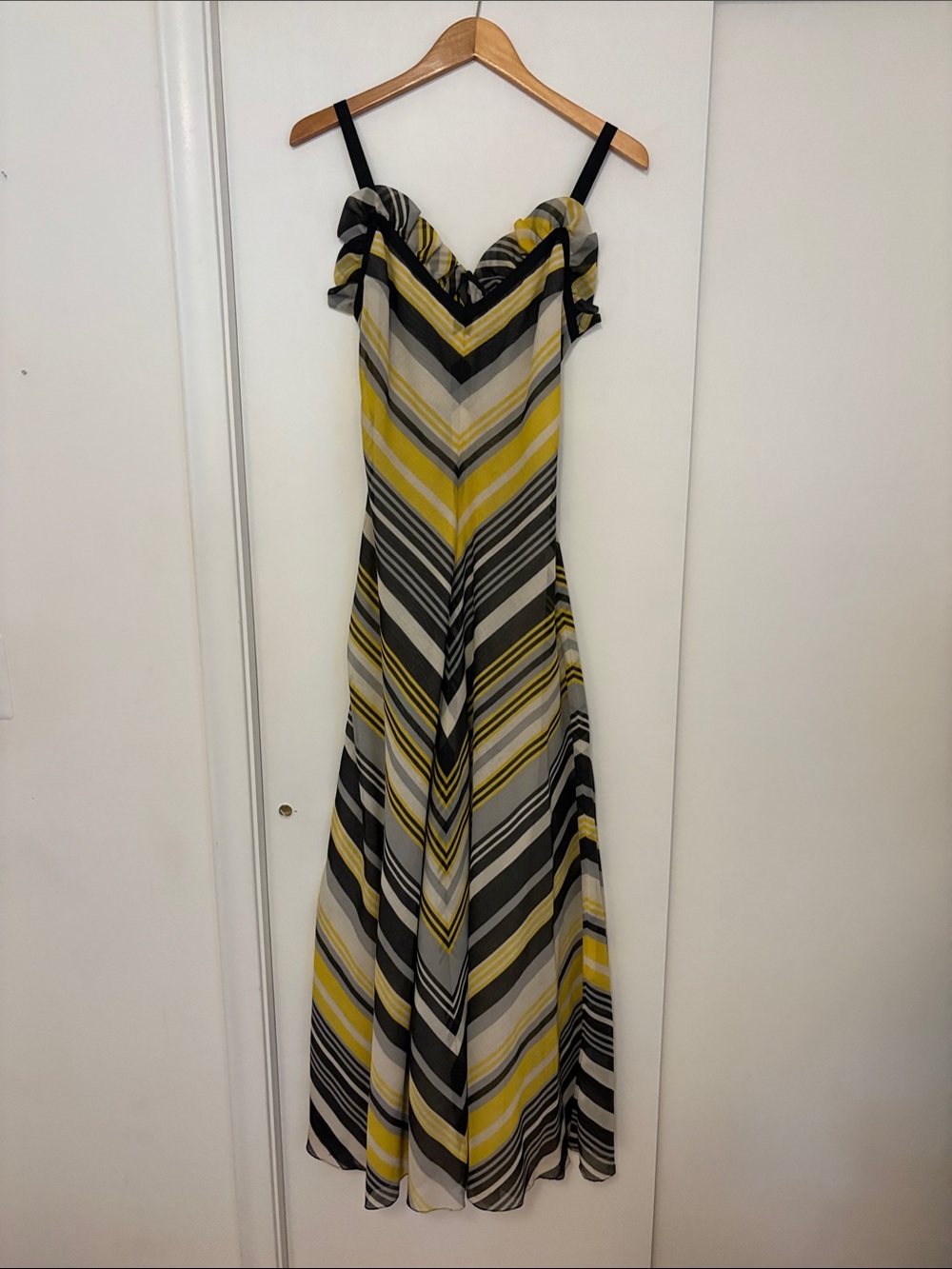 RARE Vintage Fred Perlberg Voile Chevron Maxi Dress with Ruffle Neckline